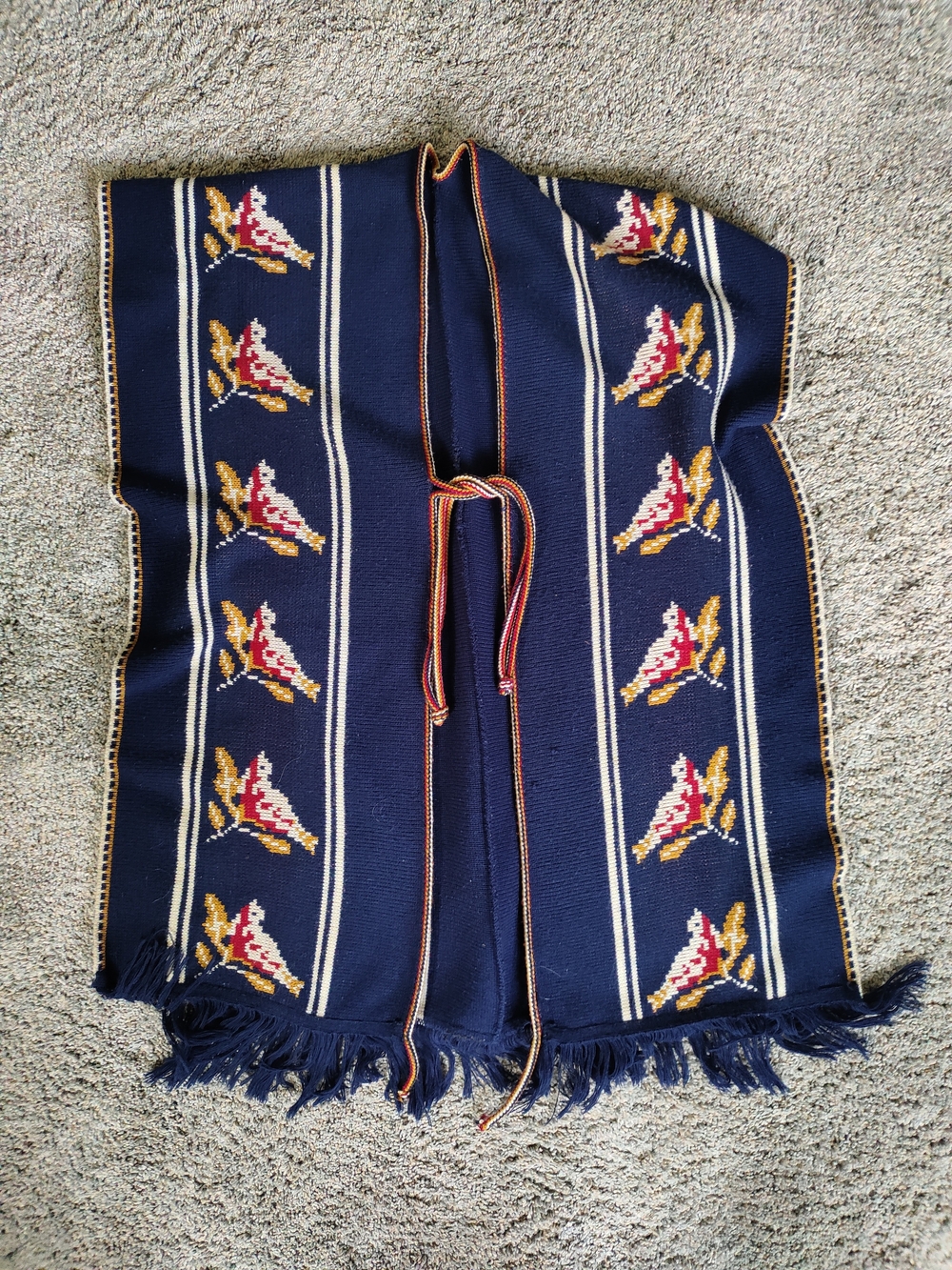 Navy Knit Poncho with Bird Motif and Fringe
